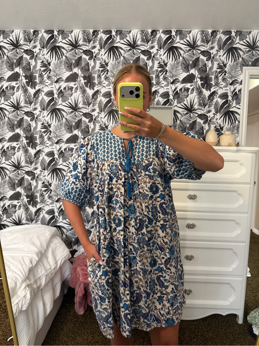 Knox Rose Blue Floral Smocked Yoke Mini Dress - Picture 1 of 4